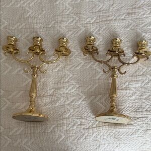 baldwin Polished Gold Three-Arm Brass Candelabra Pair